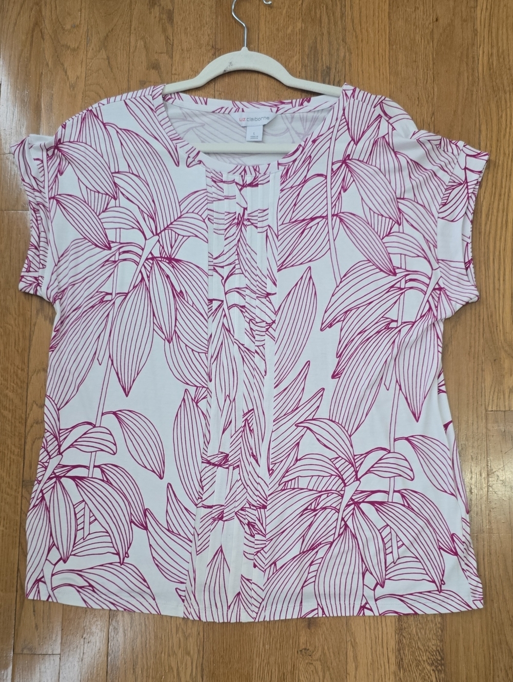 LIZ CLAIBORNE BRAND WOMENS WHITE & PINK FLORAL SHORT SLEEVES PULLOVER TOP LARGE